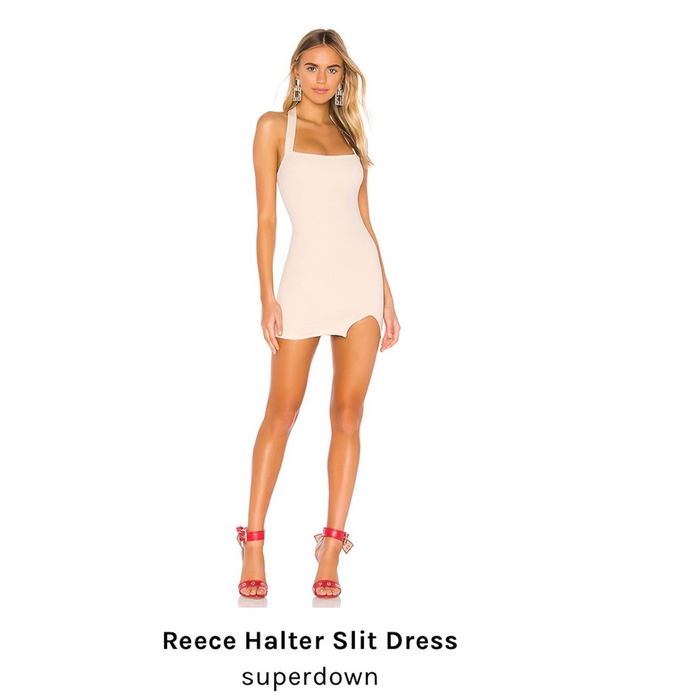 Superdown Reece Halter Slit Dress in Nude